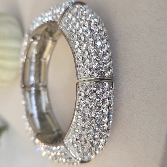 Vintage Sulver Pave-Set Rhinestone Square Stretch Bangle Bracelet - Picture 5 of 11
